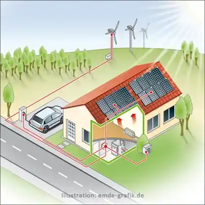 Illustration Wärmetechnik Kopplung von Energiequellen für Wohnhaus