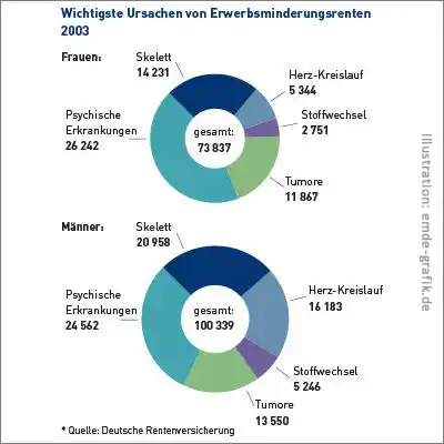 Ringdiagramme Wichtigste Ursachen von Erwerbsminderungsrenten 2003 für BfA-Broschüre