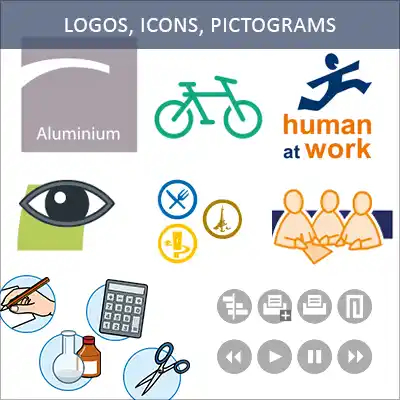 Illustration of memorable and comprehensible symbols: Loogs, pictograms, icons and vignettes